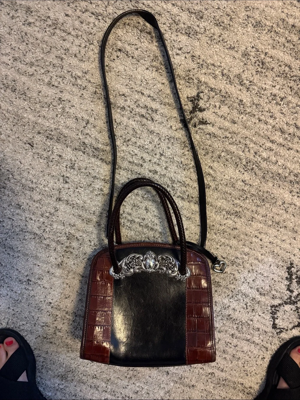 Brighton Brown and Black Croc-Trim Leather Crossbody Satchel